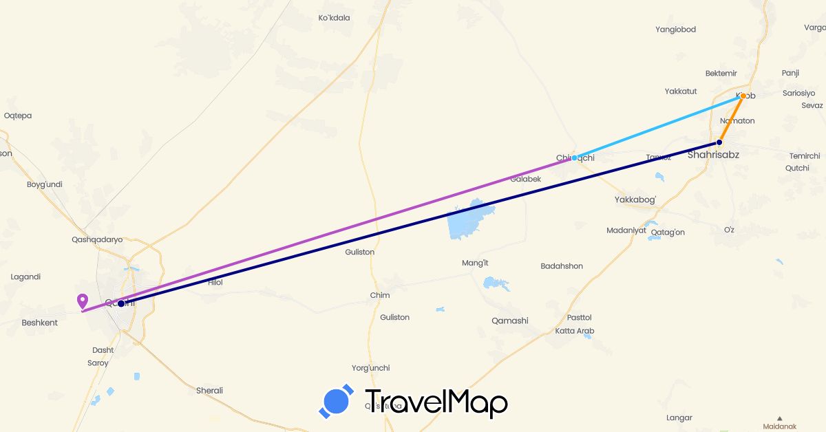 TravelMap itinerary: driving, train, boat, hitchhiking in Uzbekistan (Asia)